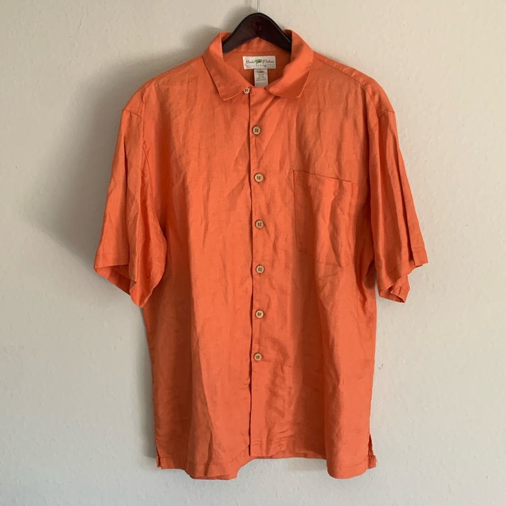 Bali Palms Relax 100% Linen Shirt Short Sleeve Button Up Orange Men’s Size Large